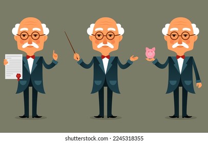 funny cartoon professor, teacher or lawyer, holding a contract with seal, pointer or piggy bank. Cute senior man, in elegant blue suit. Cartoon character. Isolated.