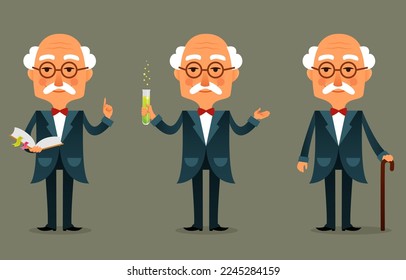 funny cartoon professor, teacher or scientist, holding a book and a laboratory tube. Cute senior man, in elegant blue suit. Cartoon character. Isolated.