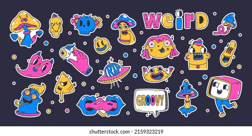 Funny cartoon psychedelic shapes, doodle abstract characters. Trendy weird doodle emojis and groovy hallucination mascots vector illustration set. Trippy stickers collection