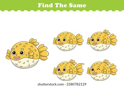 Funny cartoon puff fish. Find same pictures. Educational game for children. Cartoon vector illustration