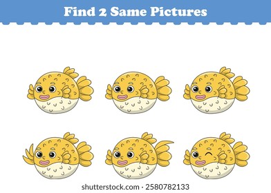 Funny cartoon puff fish. Find two same pictures. Educational game for children. Cartoon vector illustration