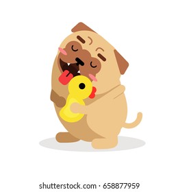 Funny cartoon pug dog character hugging yellow duck vector Illustration