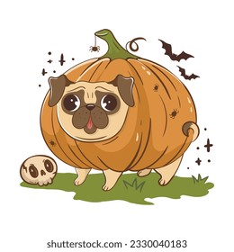 Funny cartoon pug dog in a halloween pumpkin costume. Scary funny character for halloween. Vector illustration of pets