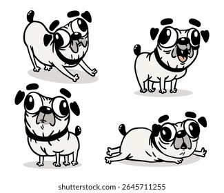 Funny cartoon pug dog set in different poses. Domestic pet. Vector illustration.