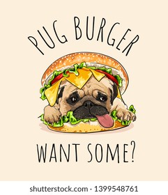 funny cartoon pug in hamburger illustration