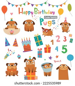 Funny cartoon pugs and design elements for birthday card or party invitation. Vector illustration