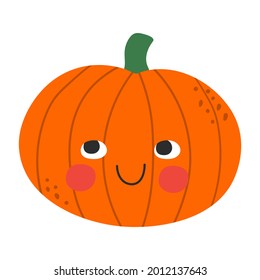 Funny cartoon pumpkin character with face expression. Healthy food doodle vegetable vector illustration. Harvest object in flat style showing emotions