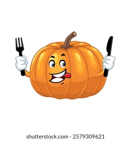 Funny Cartoon Pumpkin Character Holding Fork and Knife.