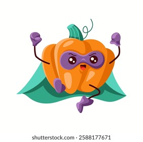 Funny cartoon pumpkin character in superhero costume with purple mask and green cape. Cute vegetable hero flying with confident expression, ready for adventure.