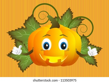 funny cartoon pumpkin with leaves on a striped orange background