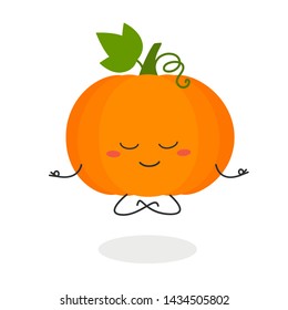 Funny cartoon pumpkin levitating in lotus pose. Vector flat illustration isolated on white background 