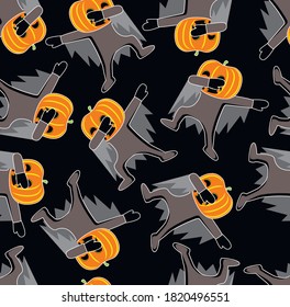 Funny cartoon pumpkin make DAB move, dancing hip hop style. Halloween seamless pattern. Vector illustration