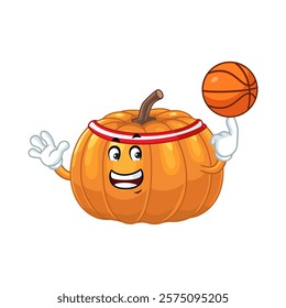 Funny Cartoon Pumpkin Playing Basketball.