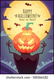 Funny cartoon pumpkin scarecrow on full moon sky background Happy Halloween poster Trick or treat greeting card Vector illustration