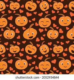 Funny cartoon Pumpkin seamless pattern  with heart shapes scattered on dark brown background. great for kids cloths , Halloween greeting cards and decoration 