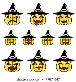 Funny cartoon pumpkins set with witch hat