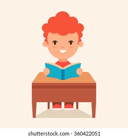 Funny Cartoon Pupil Sitting at the Table and Reading a Book. Vector Illustration