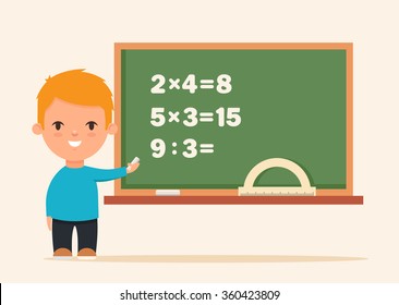 Funny Cartoon Pupil Standing Near the Blackboard. Vector Illustration