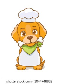 Funny cartoon puppy dog with bone and chef hat and costume. Golden retriever with bandana and accessories 