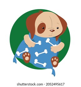 Funny cartoon puppy with a pillow in its paws
