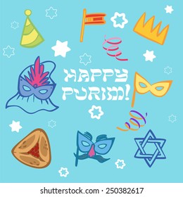 Funny cartoon Purim icon set isolated background