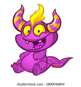 Funny cartoon purple dragon. Vector illustration of cute monster 