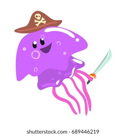 Funny cartoon purple jellyfish pirate in a hat holding a sword colorful character vector Illustration