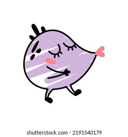 Funny cartoon purple monster kissing. A fictional character for children. Cute alien icon in doodle style. A mascot for the brand in love. A cool print for children's products.