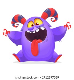 Funny cartoon purple monster sitting and waving. Vector Halloween illustration