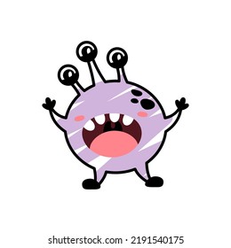 Funny cartoon purple monster with three eyes is scary. A fictional character for children. Cute alien icon in doodle style. Evil mascot for the brand. A cool print for children's products.