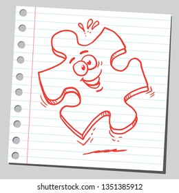 Funny cartoon puzzle piece with cheerful face expression. Sketch style illustration on sticky note background.