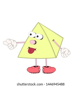 Funny cartoon pyramid with eyes, arms and legs in shoes teases and shows language.