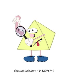 A funny cartoon pyramid with eyes, arms and legs in shoes holds an earthworm in his hand and examines it through a magnifying glass.