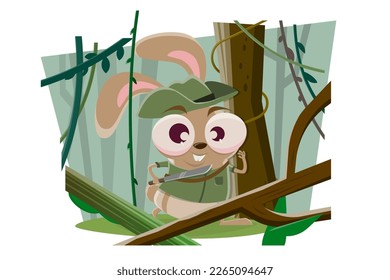 funny cartoon rabbit as an adventurer in the jungle