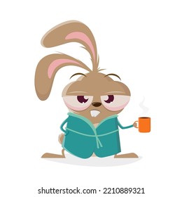 funny cartoon rabbit in bathrobe with cup of coffee