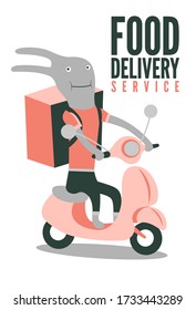 Funny cartoon rabbit with big bag delivering food on scooter. Food delivery service concept poster. Vector illustration.