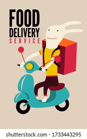 Funny cartoon rabbit with big bag delivering food on scooter. Food delivery service concept poster. Vector illustration.