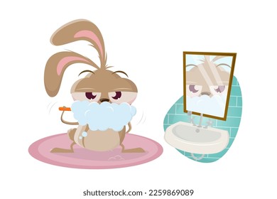 funny cartoon rabbit brushing teeth