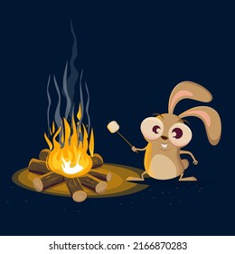 funny cartoon rabbit with campfire and marshmallow