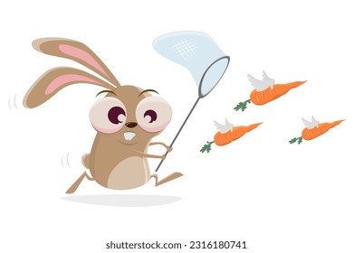 funny cartoon rabbit catching carrots