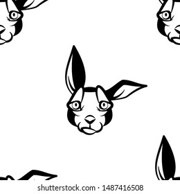 Funny cartoon rabbit character. Seamless pattern. Design template for wallpapers, wrapping, textile. Black-white animal head. Vector Illustration