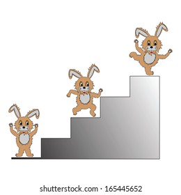 A funny cartoon rabbit climbing up on a ladder. A symbol of success, progress and achievement. Vector-art illustration on a white background