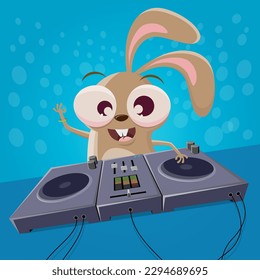 funny cartoon rabbit is a DJ