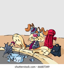Funny cartoon rabbit drunk on the street vector illustration. Template easy editable for book design. 