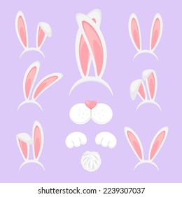 Funny cartoon rabbit ears band for costume design. Easter bunny ears set isolated. White hare ears collection vector illustration of rabbit bunny costume mask