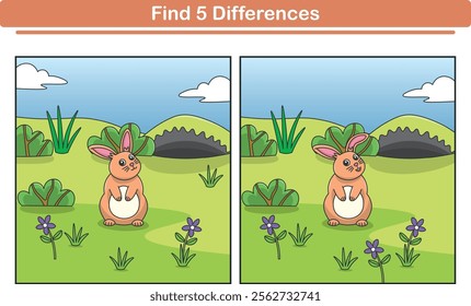 Funny cartoon rabbit. Find 5 differences. Kids Education games. Cartoon vector illustration