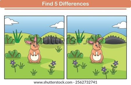 Funny cartoon rabbit. Find 5 differences. Kids Education games. Cartoon vector illustration