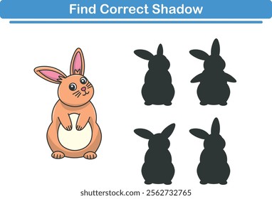 Funny cartoon rabbit. find the correct shadow. Kids Education games. Cartoon vector illustration