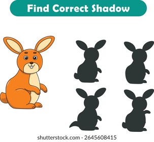 Funny cartoon rabbit. find the correct shadow. Kids Education games. Cartoon vector illustration