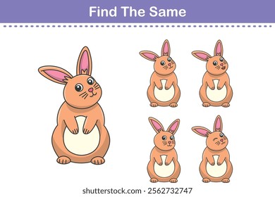 Funny cartoon rabbit. Find same pictures. Educational game for children. Cartoon vector illustration